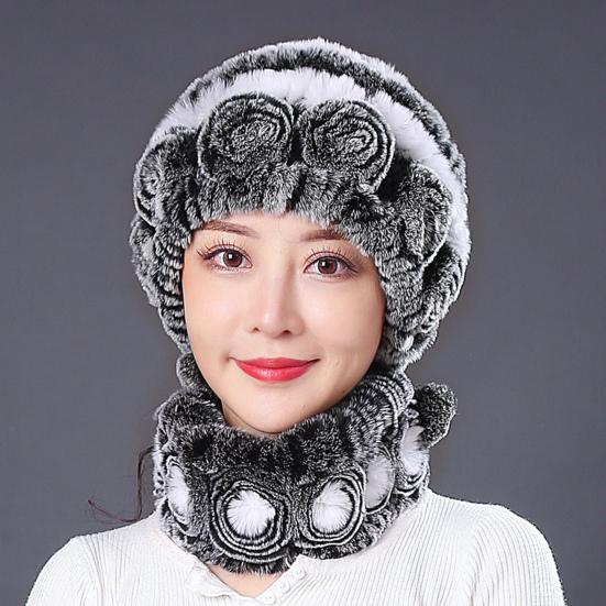 Women Winter Hat with Integrated Scarf Thick Warm Faux Rex Rabbit Fur Flower