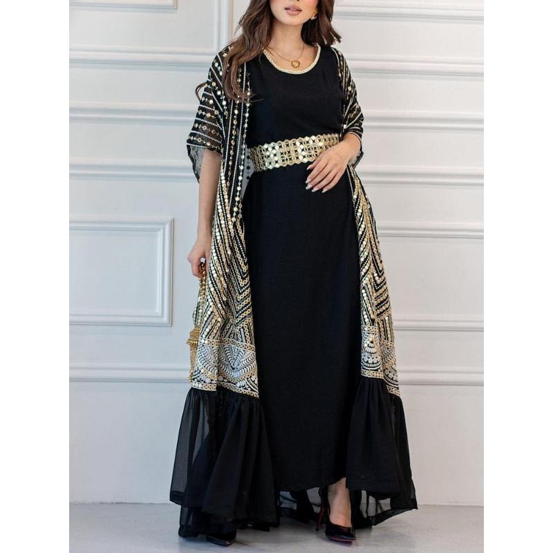 Spring and Summer Women's Dress Printed Fashion Urban Casual Bat Sleeve Drawstring Vest Dress Printed with Belt