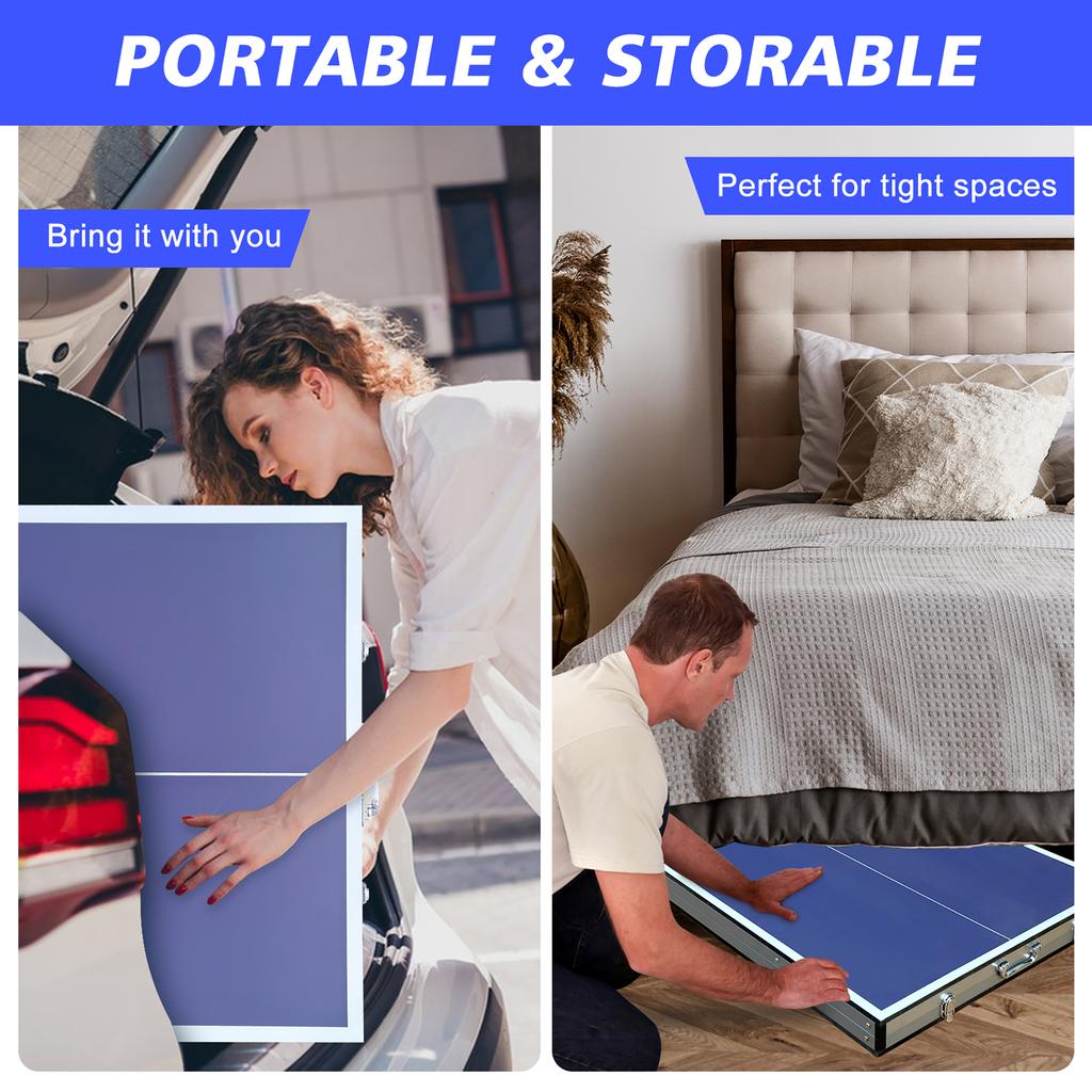 Foldable table tennis table with net and bat set, suitable for outdoor/indoor use, blue surface, includes 2 bats and 3 balls, stable 6-leg design