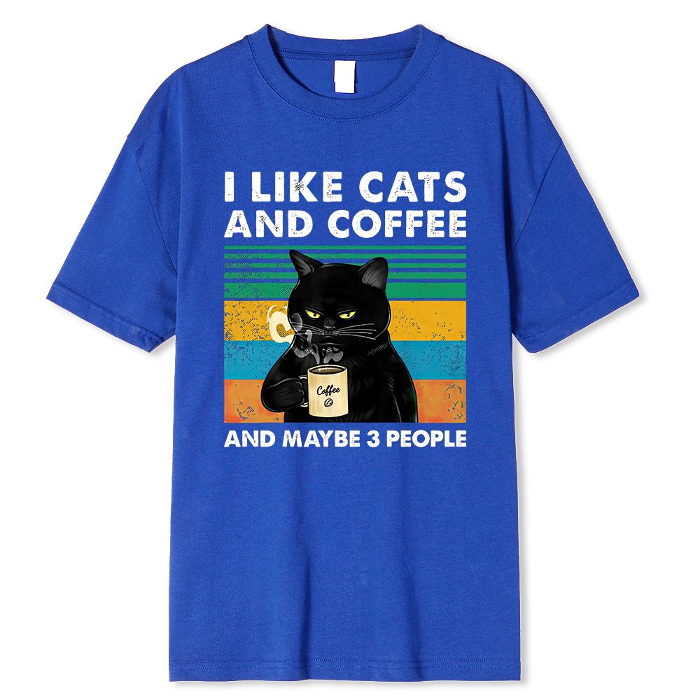 Футболка с забавным принтом «Мне нравятся кошки и кофе» для мужчин и женщин, повседневная свободная хлопковая одежда, дышащая футболка Harajuku