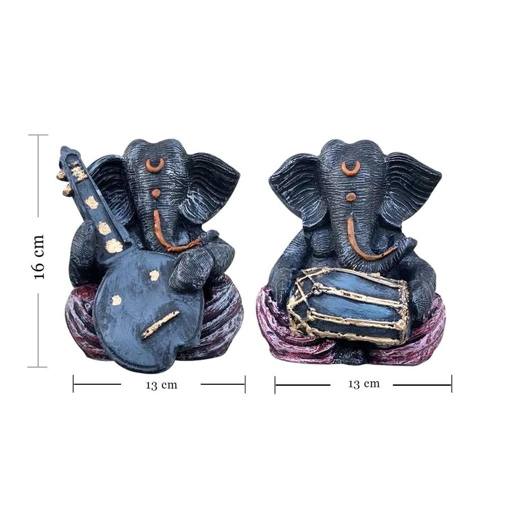 Resin Musical Ganesha Pair for Home Decor | Brings Prosperity - (Grey & Red, Pack of 2)