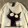Cotton Short-sleeved T-shirt Women Vintage Lines Cat Print Tops Summer