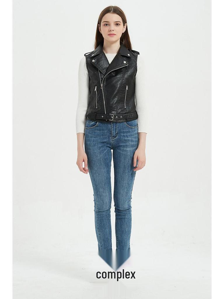 Women's Slim Fit PU Leather Motorcycle Vest with Belt and Zipper