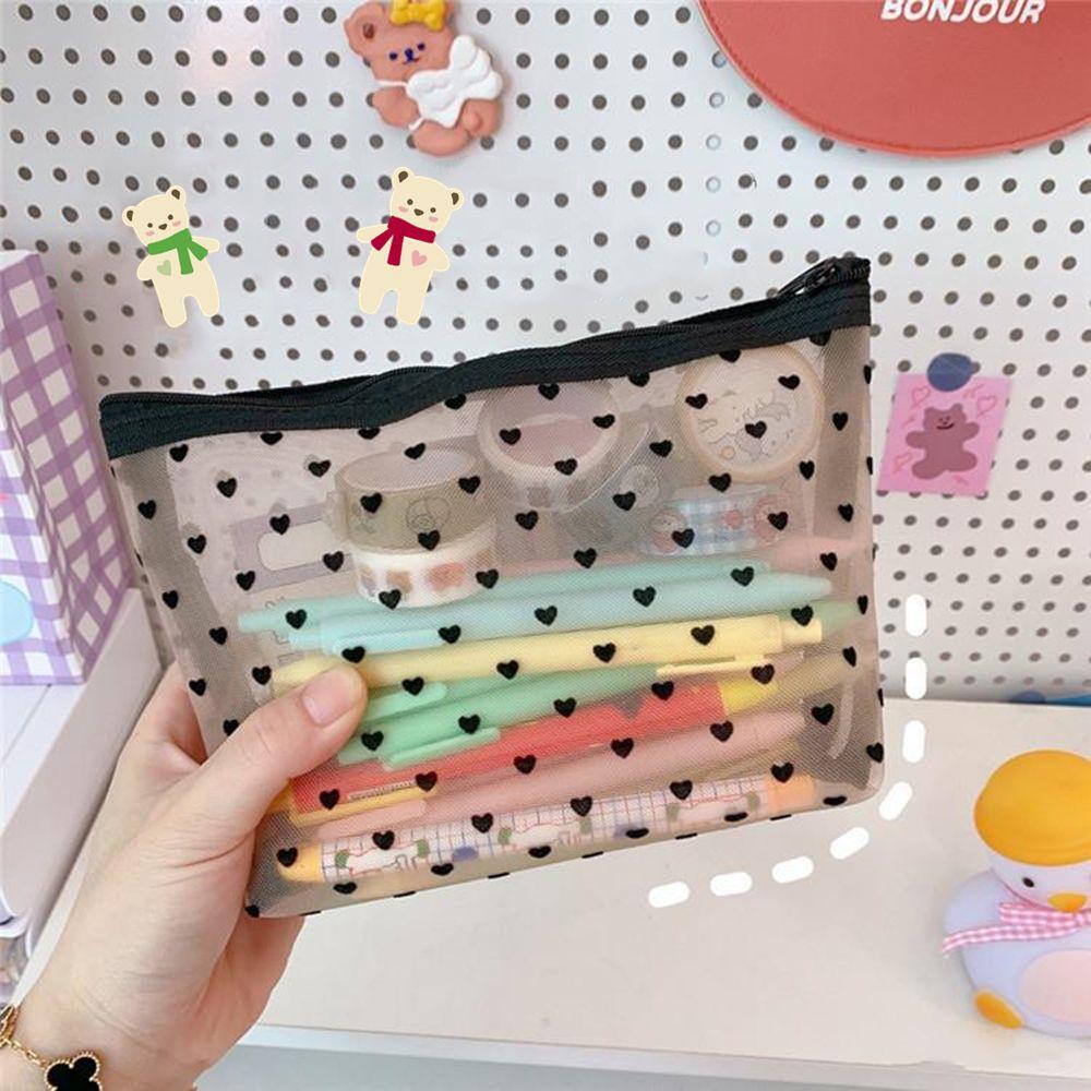 Cute Fashion Mesh Portable Zipper Toiletry Bag Pen Case Makeup Bags Pencil Pouch Cosmetic Bag
