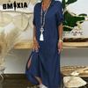 GMXIA Летнее джинсовое платье для женщин, повседневные весенние синие макси-платья с V-образным вырезом и рукавом до локтя, большие размеры, длинные платья с разрезом