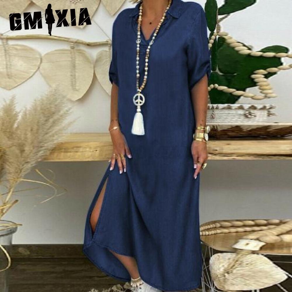 GMXIA Летнее джинсовое платье для женщин, повседневные весенние синие макси-платья с V-образным вырезом и рукавом до локтя, большие размеры, длинные платья с разрезом
