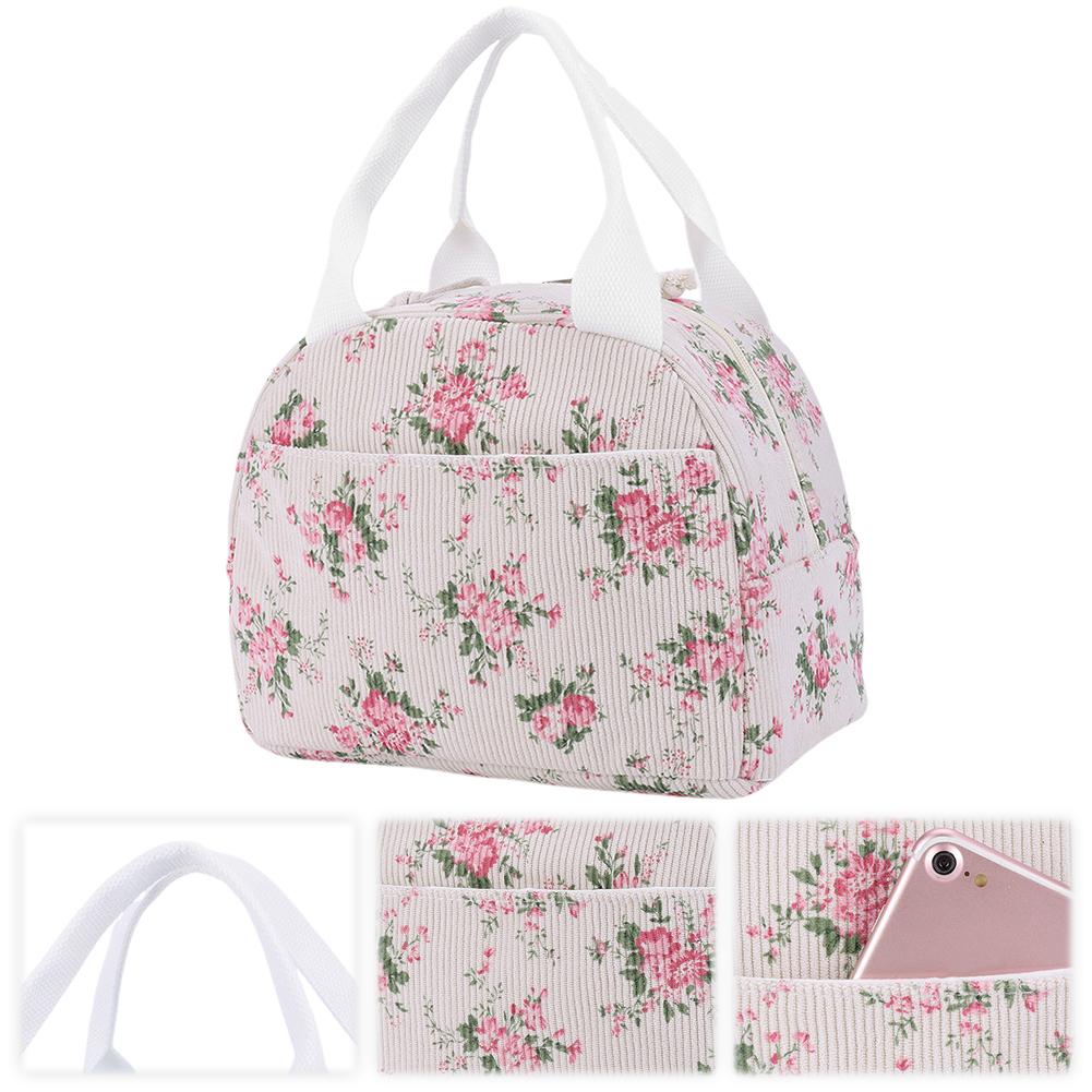 Women Cute Lunch Box Bag Large Capacity Hand-Held Cooler Bag Floral Printed Cotton Padded Picnic Bag Work Trip Bag
