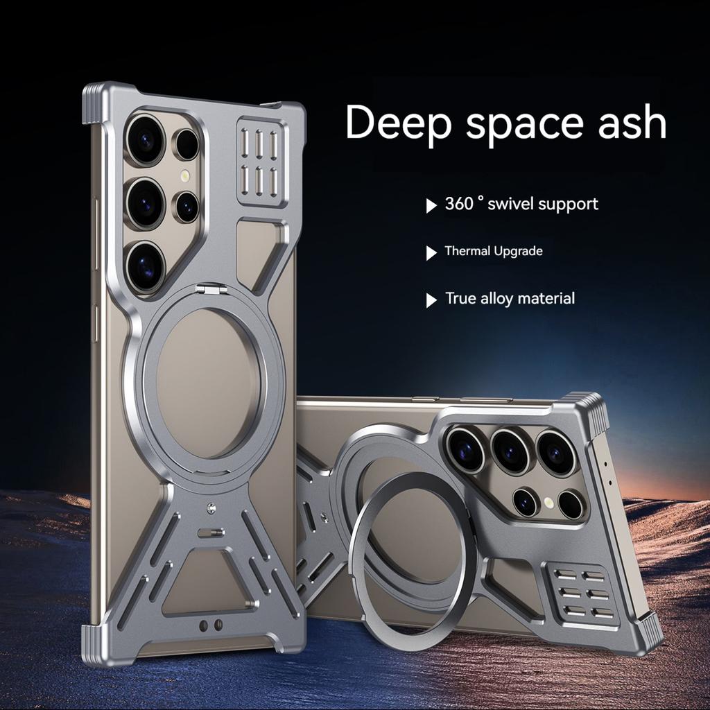 Titanium Alloy Frameless Phone Case For Samsang Galaxy S25 S24 S23 Ultra Aluminum Alloy Bumper Magnetic Rotation Holder Cover