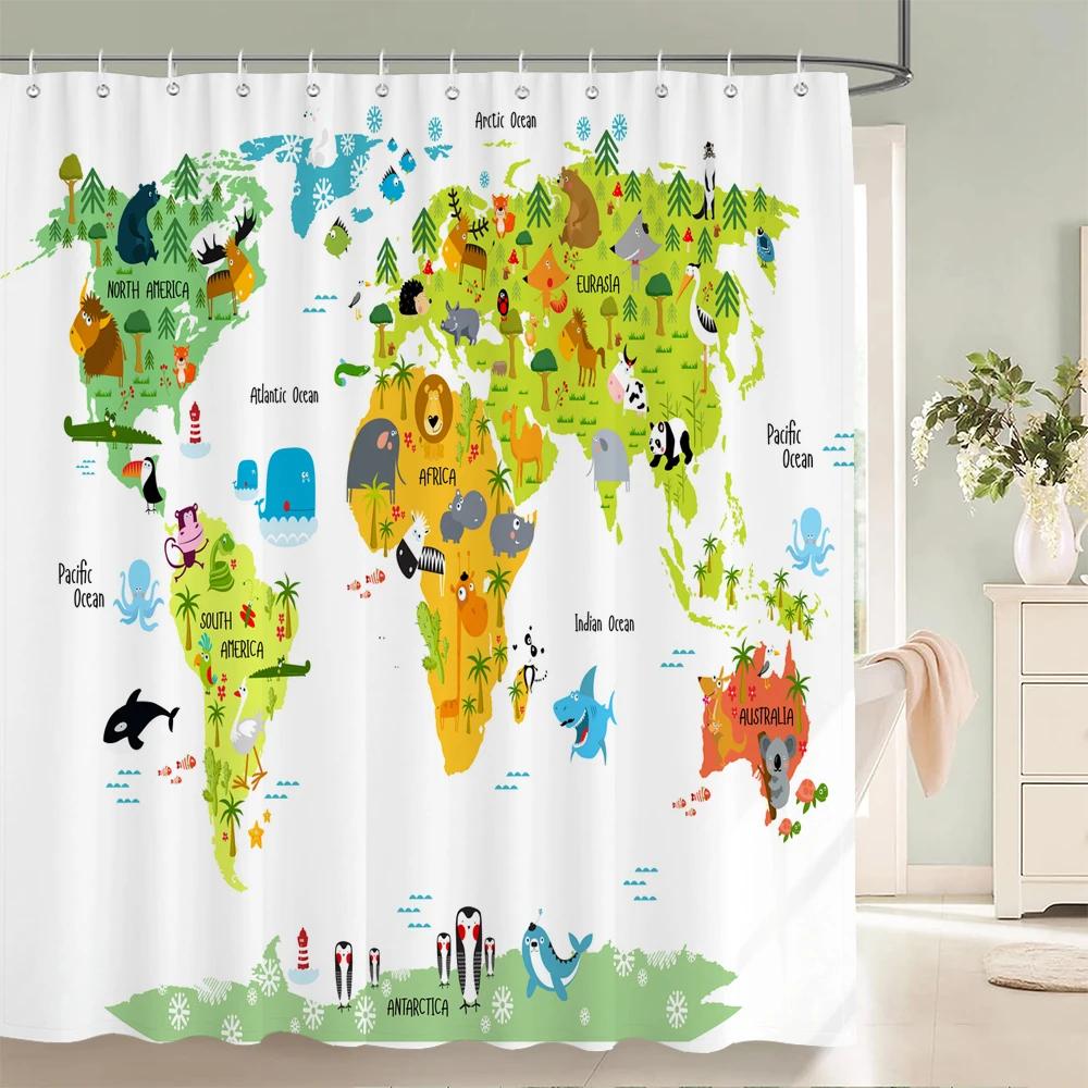 Cartoon Shower Curtain Animal Map Shower Curtains Baby Waterproof Polyester Fabric for Bathtub Bath Room Decor with Hooks