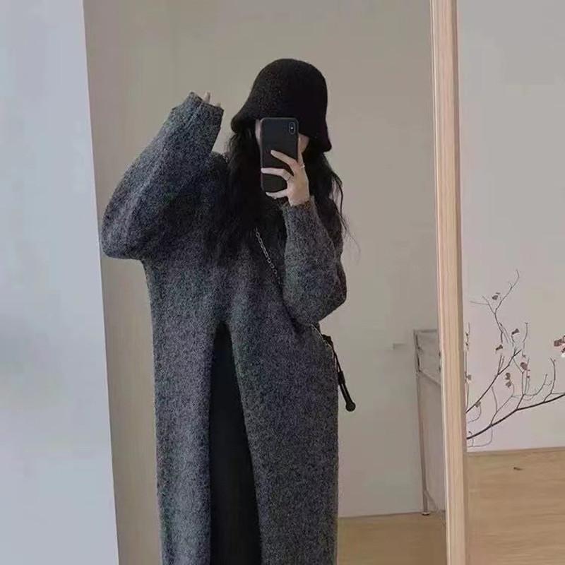 Платье женское осенне-зимнее новое корейское модное круглое воротничковое свободное ленивое трикотажное среднее и длинное разрезное свитер юбка верхняя одежда