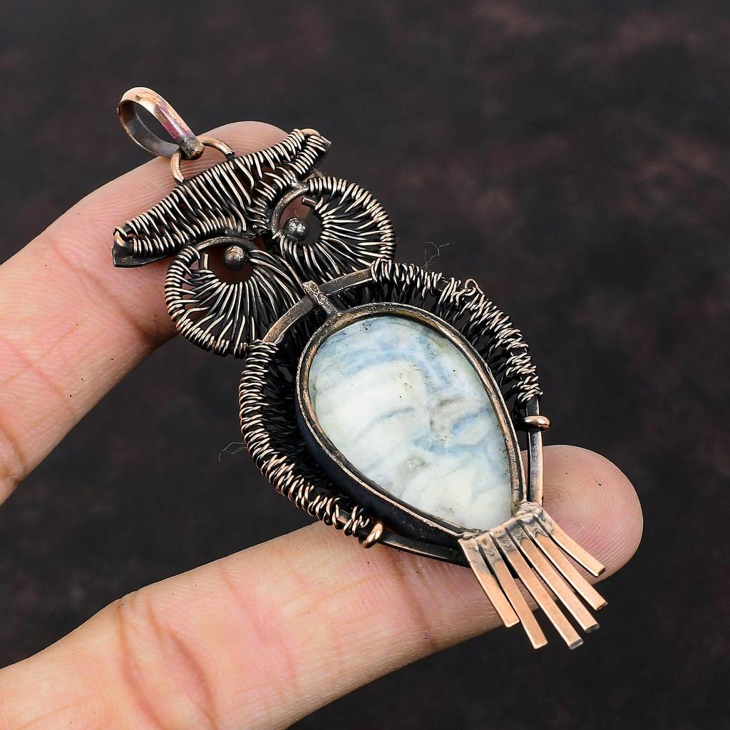 Подвеска из голубого шеелита, обернутая медной проволокой, Подвеска с драгоценным камнем, Медные украшения, Ручная работа, Подвеска-сова, Подарок на помолвку, Украшения, обернутые проволокой