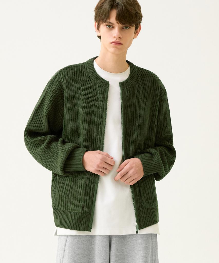 TRILLION Washable Round Neck Hachi Zip-Up Knit (Khaki)
