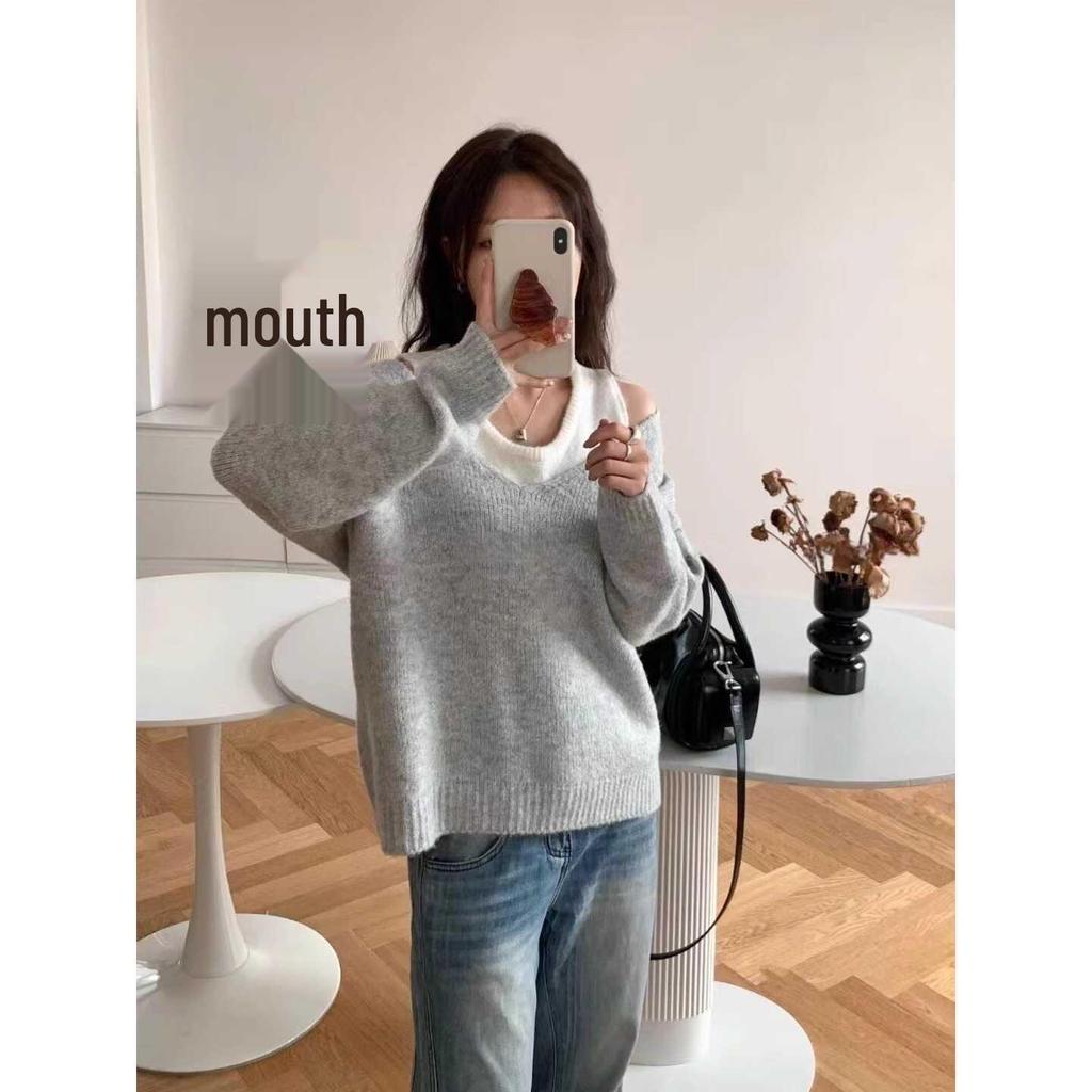 Элегантный женский пуловер с V-образным вырезом и жилет в корейском стиле, комплект из двух предметов для осени/зимы