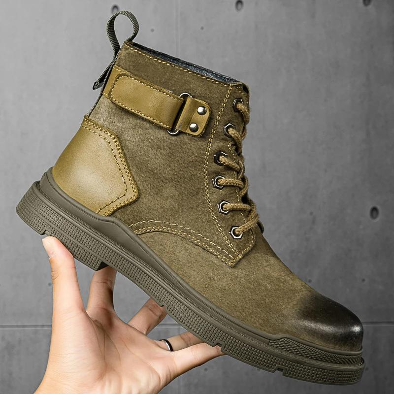Модные мужские высококачественные рабочие ботинки, брендовые ковбойские сапоги с толстой подошвой, высокие нескользящие теплые повседневные ботинки, кожаные ботинки со шнуровкой и круглым носком