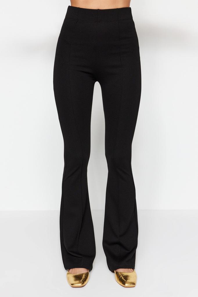 Women's Style Plus Size Black Ribbed Elastic Waist Flare Flare Leg High Waist Knitted Trousers