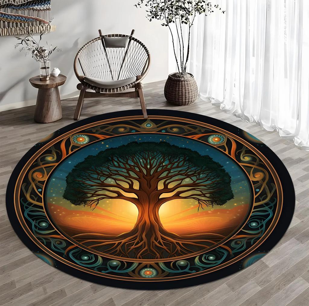 Magical Sunset Tree Of Life Border Ornament Non Slip Large Round Rug Spiritual Boho Meditation Space Floor Mat
