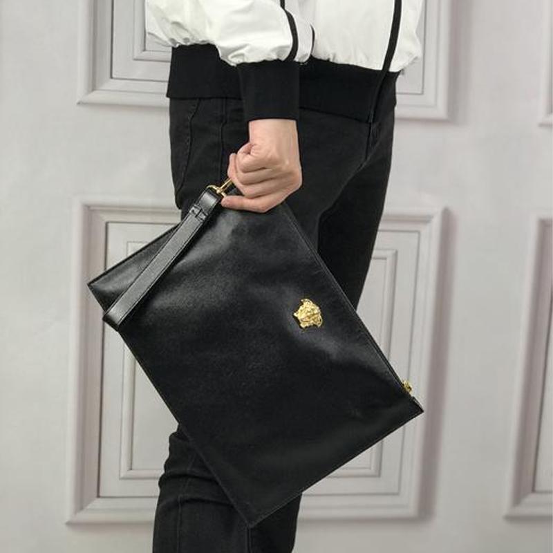 Versace Классическая кожаная сумка-клатч Медуза с золотой пряжкой Мужской клатч Черный DP85102-DCASP-D41OH