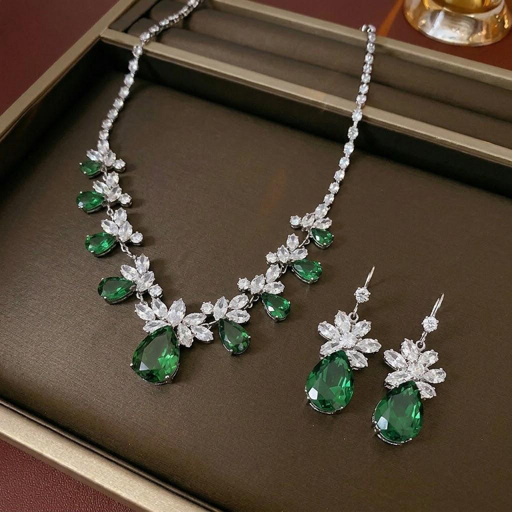 Трансграничный европейский и американский стиль Zircon Зеленое Колосья Пшеницы Набор Украшений с Ожерельем и Серьгами для Женщин