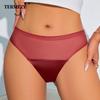 Sexy Ice Silk Satin Briefs Mid-Waist Mesh Seamless Underwear Solid Color Patchwork Breathable Panties