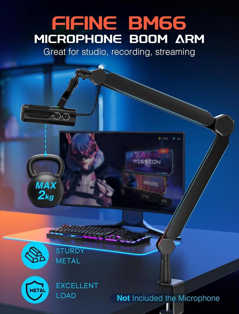 FIFINE Стойка-пантограф для микрофона, Настольная микрофонная стойка с удлинительной штангой, Телескопическая и складная, Вращение на 360°, Регулируемый угол, 14" до 38"