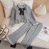 Girls' 2024 Korean-Style Bow Lace Top & Wide-Leg Pants Set
