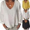 Women's Cotton And Linen Solid Color V-neck Long-sleeved T-shirt