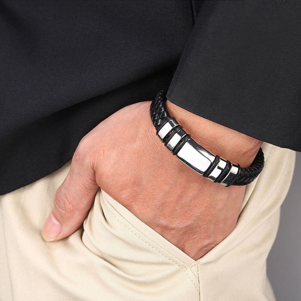 Trendy Men Bracelet Stainless Steel Charm Jewelry Black Leather Genuine Braided Bangles Jewelry Wrist Band Gift
