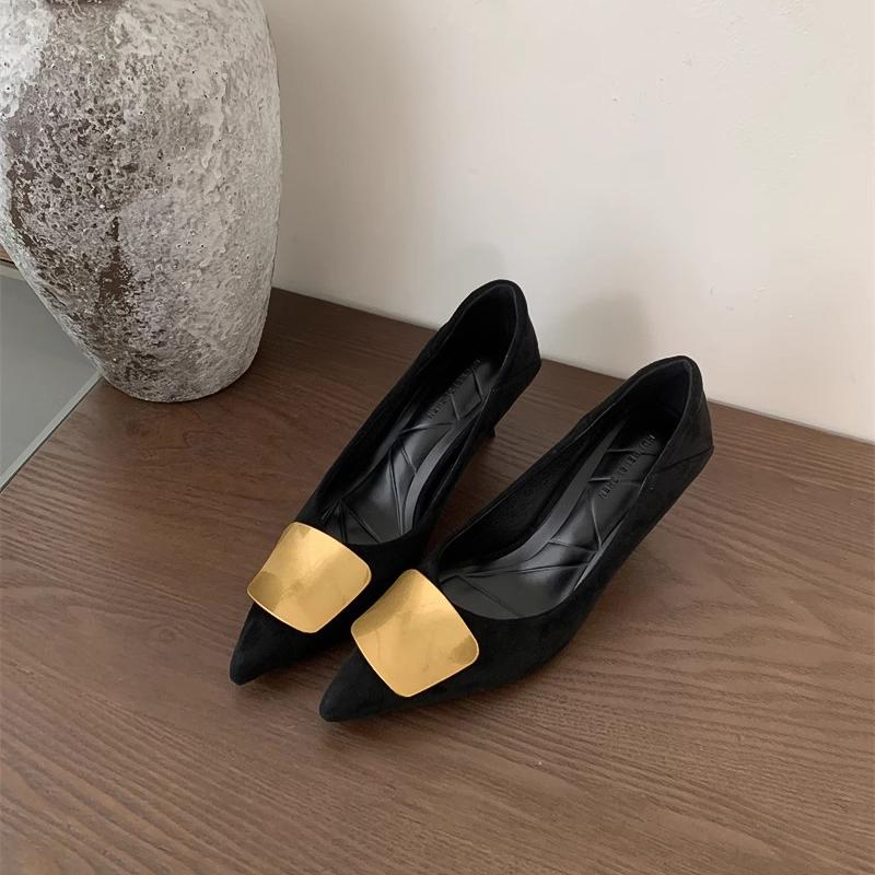 Металлическая квадратная пряжка остроносые туфли-лодочки женские 2025 весна и осень новые тонкий каблук леопардовый принт темперамент королевская сестра мода высокие каблуки