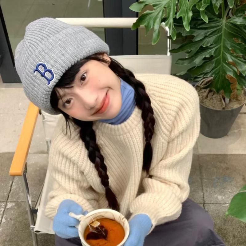 Корейская шерстяная унисекс вязаная шапка бини MLB - Вышивка логотипа NY, Теплая для осени и зимы, Стиль M0726