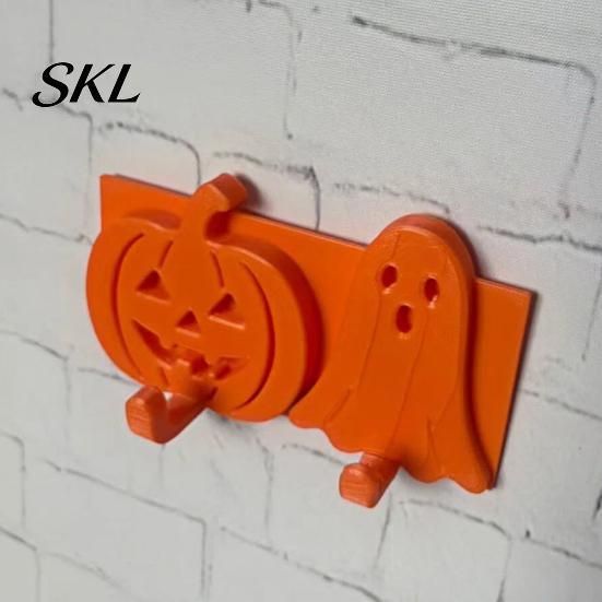 Orange Halloween Hook Pumpkin Ghost Key Hook, 3D Printed Wall Decor, Self Adhesive Holder, No Drill Hanging Reusable Sticky