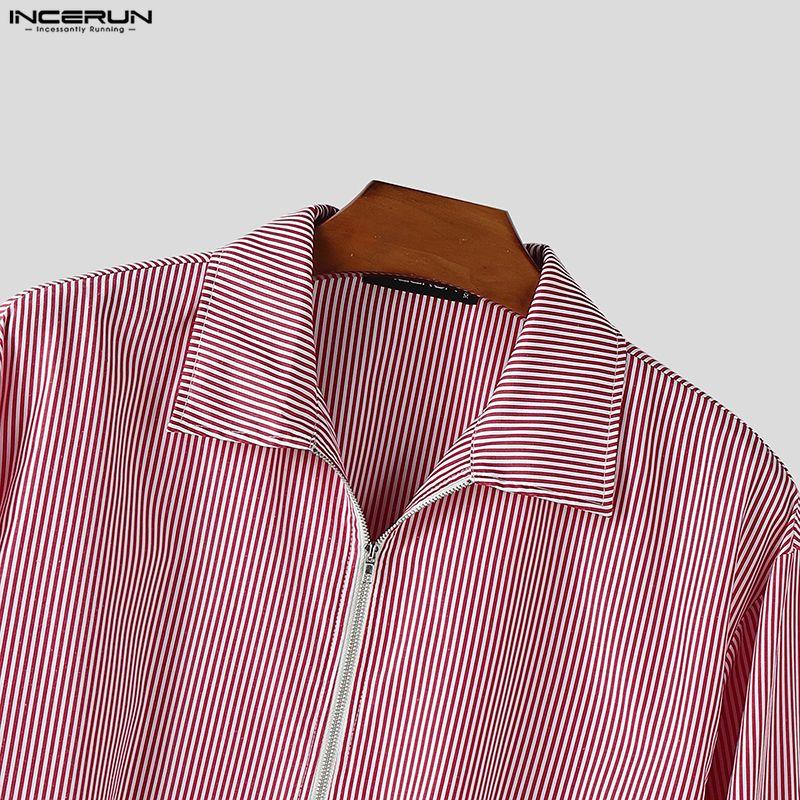 INCERUN Men Turn-down Collar Long Sleeve Zipper Up Striped Cropped Thin Short Coats