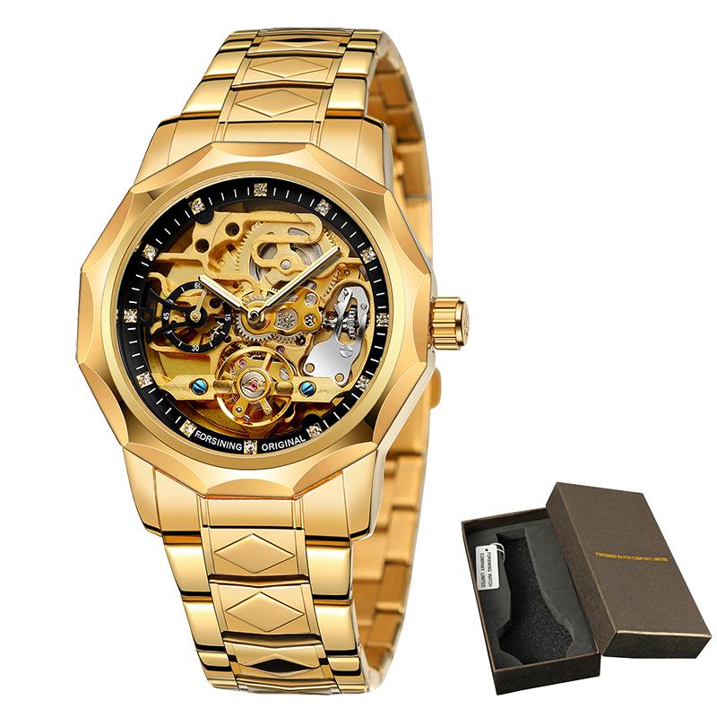 FORSINING Automatic Watches for Men Luxury Design Diamond Skeleton Tourbillon Mechanical Stainless Steel Strap Male Wristwatches
