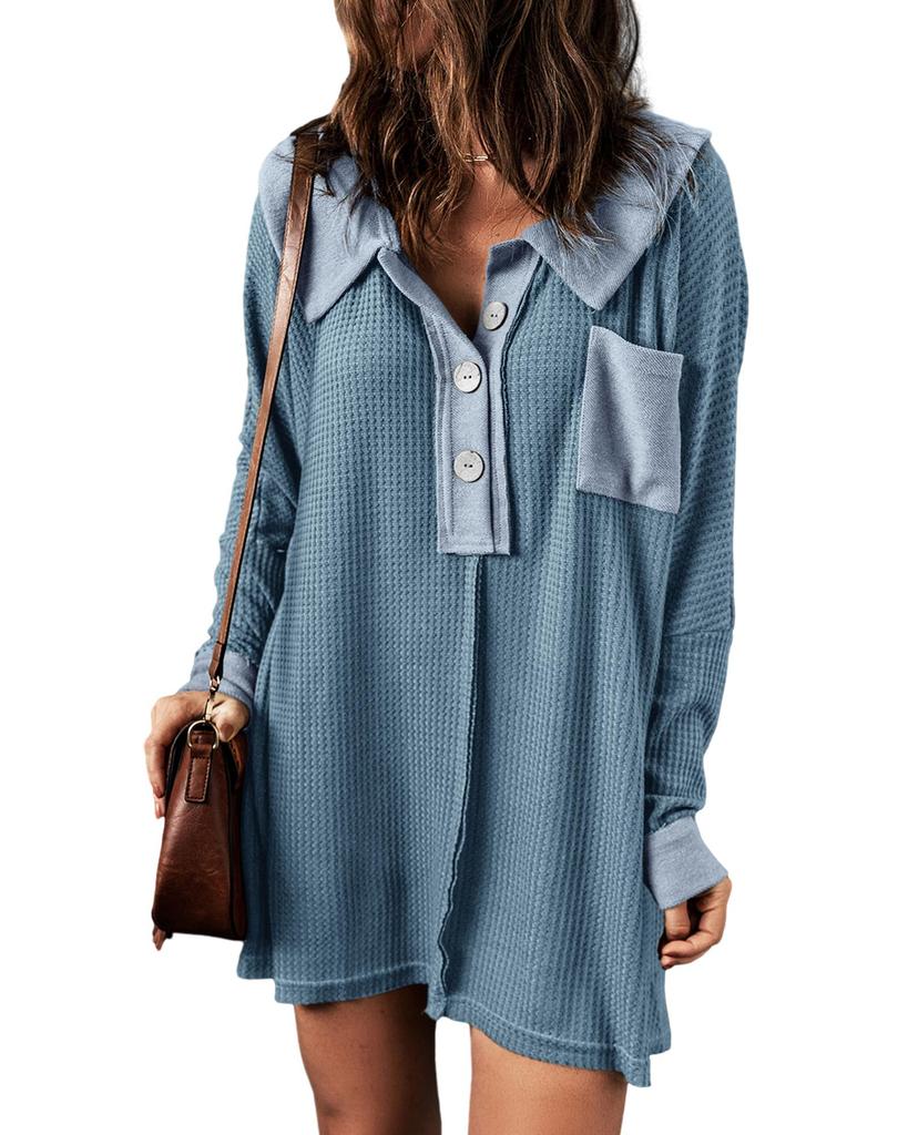 Azura Exchange Sky Blue Waffle Knit Buttoned Long Sleeve Top