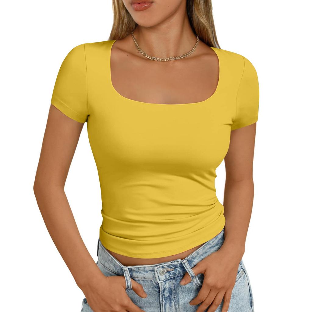 Женская мода повседневная узкая рубашка с коротким рукавом и квадратным вырезом, верхняя одежда, топы