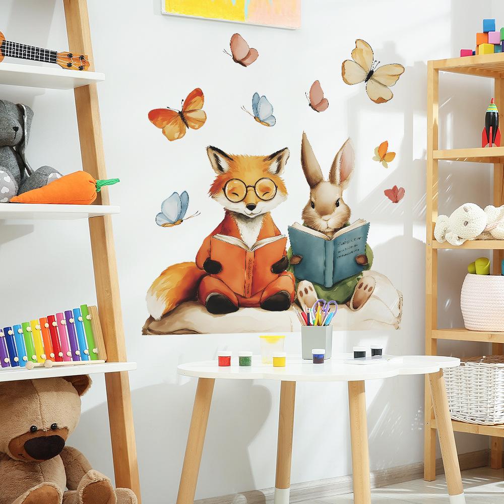 Cartoon Rabbit and Fox Reading Books and Fluttering Butterflies Home Background Wall Decoration Stickers