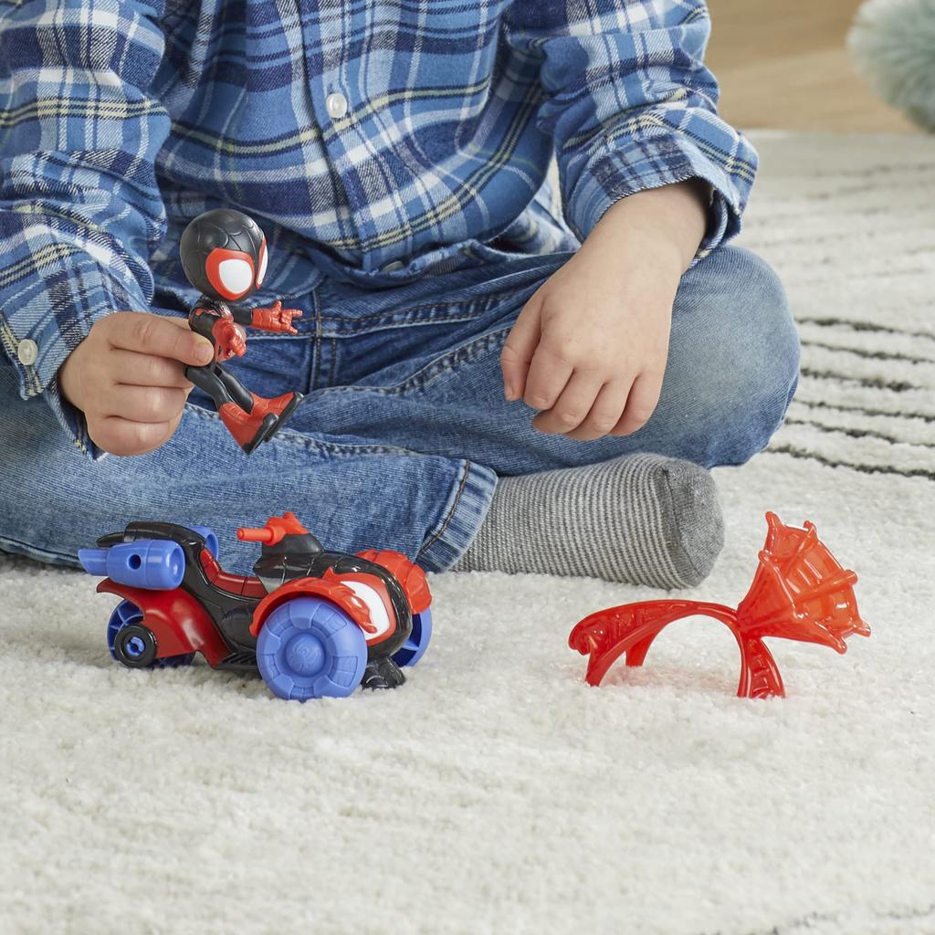 Hasbro Marvel Spidey and His Amazing Friends Miles Techno Action Preschool Ages Authentic Morales Spider-Man Racer, 4-inch (10 cm) Figure, Vehicle,