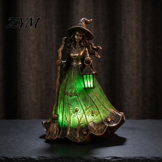 Dark Aesthetic Home Ornament Halloween Witch Tabletop Lamp, Gothic Night Light with Broom & Lantern, Decorative Resin USB Powered Spooky Ambient