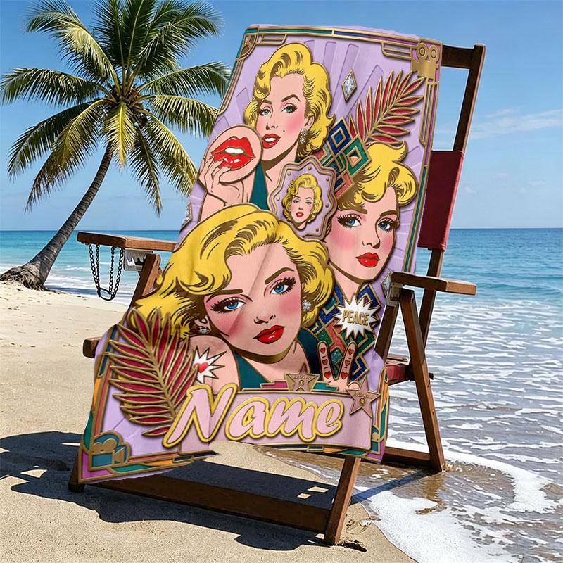Custom Name Personalized Marilyn Monroe Print Beach Towel, for Trip Camping Beach Party Home Decor, Birthday Gift for Family & Friends