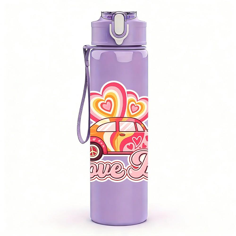 1PC Pink Love Bug Car Cartoon Print 750ml Color Plastic Sports Water Bottle Leakproof Flip Straw Lid Suitable for Sports Office Home Use