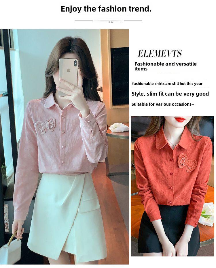 Осень 2024 г. Женская рубашка с длинным рукавом из чистого хлопка с жаккардовой вышивкой