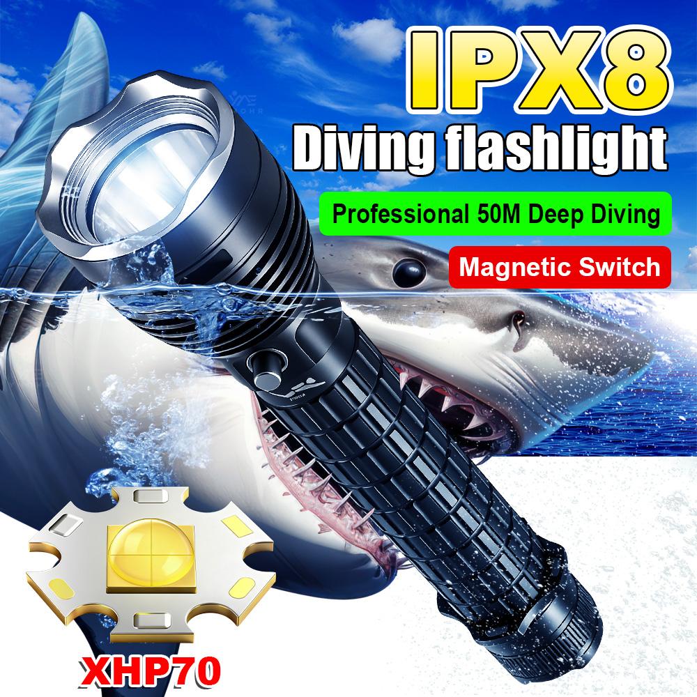XHP70 Профессиональный 50M Дайвинг-фонарь IPX8 Водонепроницаемый Подводный фонарь Магнитный переключатель Фонарь для дайвинга для подводного плавания Аварийный