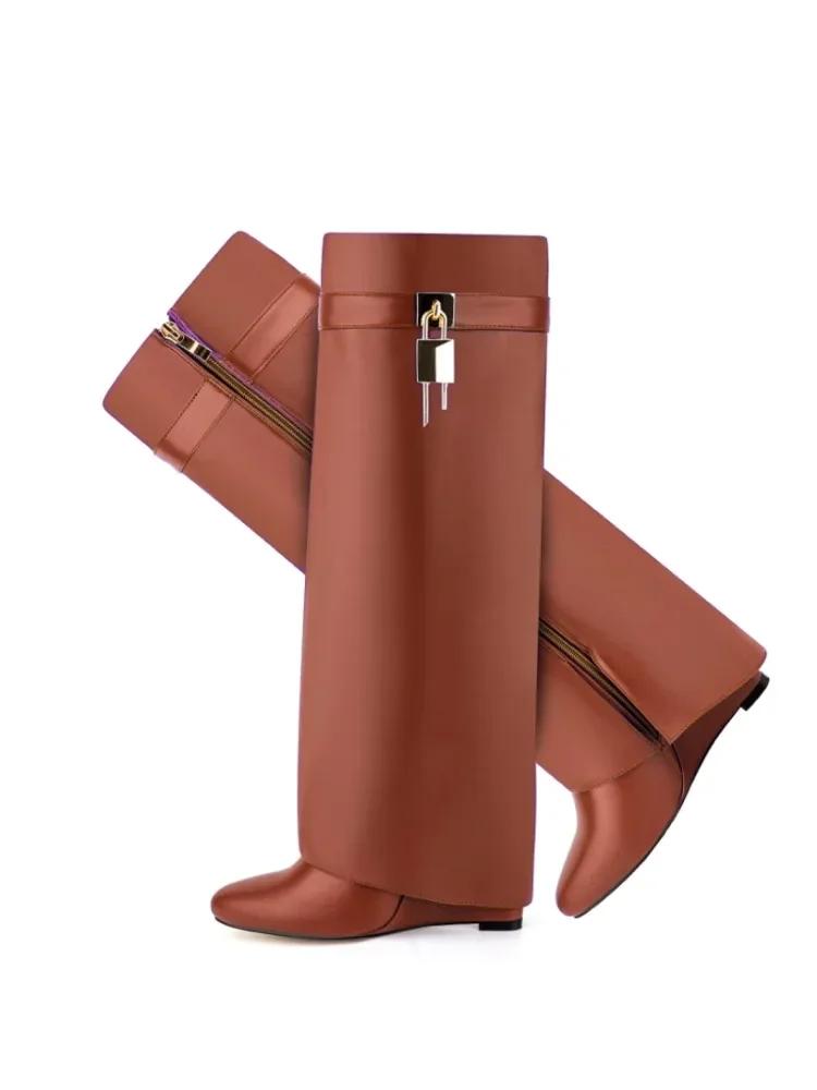 2024 New European and American Brand Wedge Heel Thick Bottom Skirt Boots Women's Fashion Side Zipper Knee Length Banquet Boots