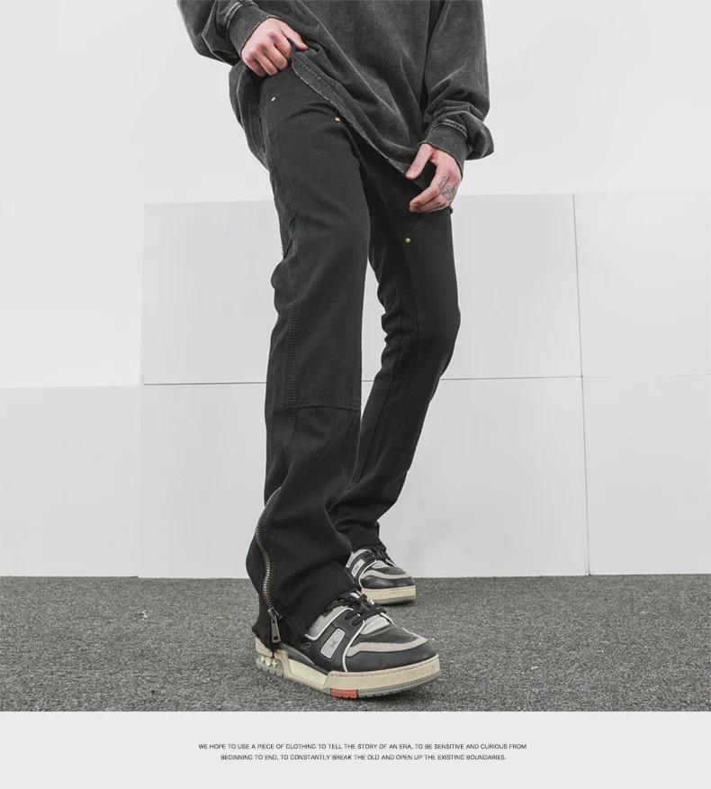 Мужские модные джинсы с необработанным краем и молнией: Узкие, прямые, расклешенные рабочие брюки в американском уличном стиле.