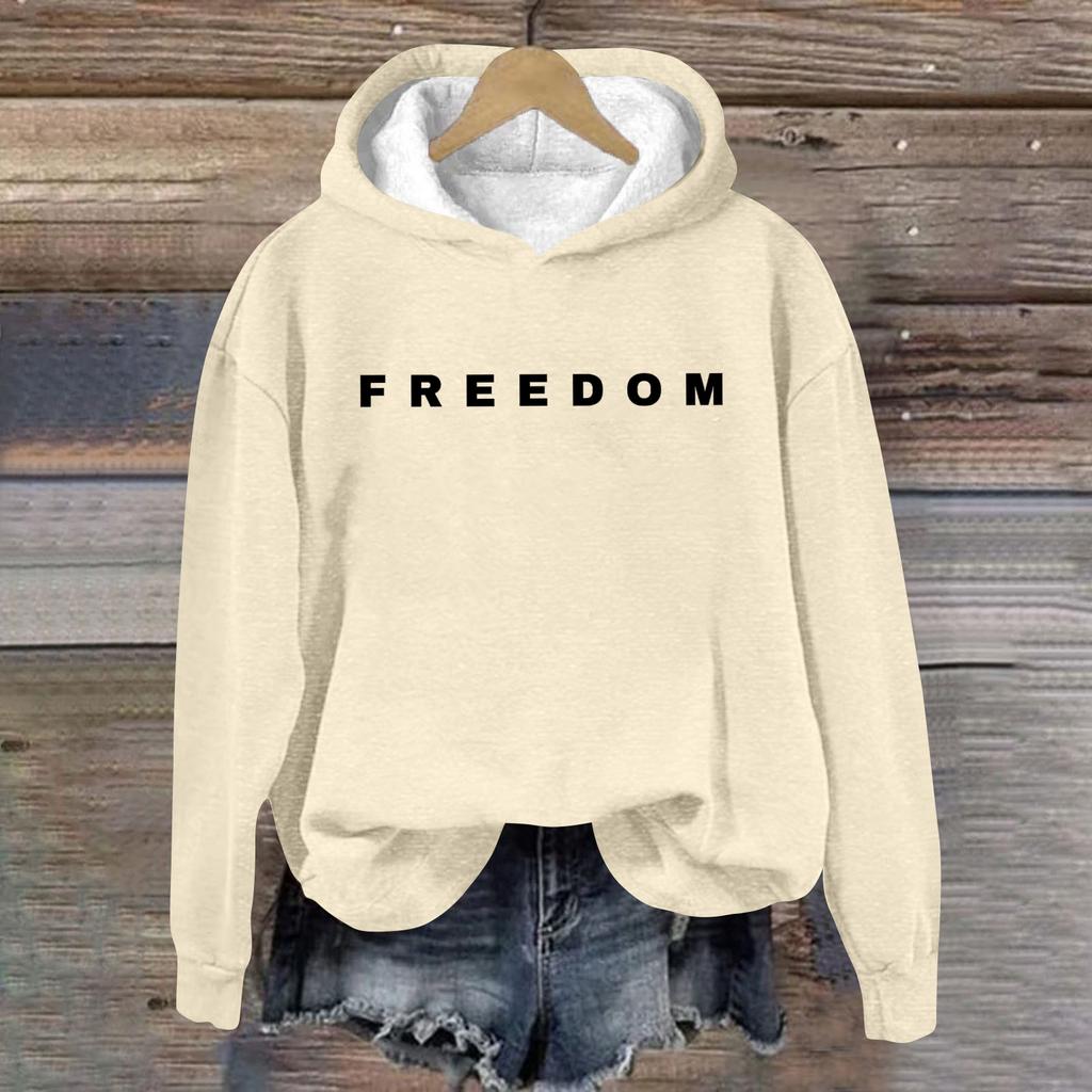 Women's Loose And Comfortable Round Neck Long Sleeved Hooded Sweatshirt With Printed Text