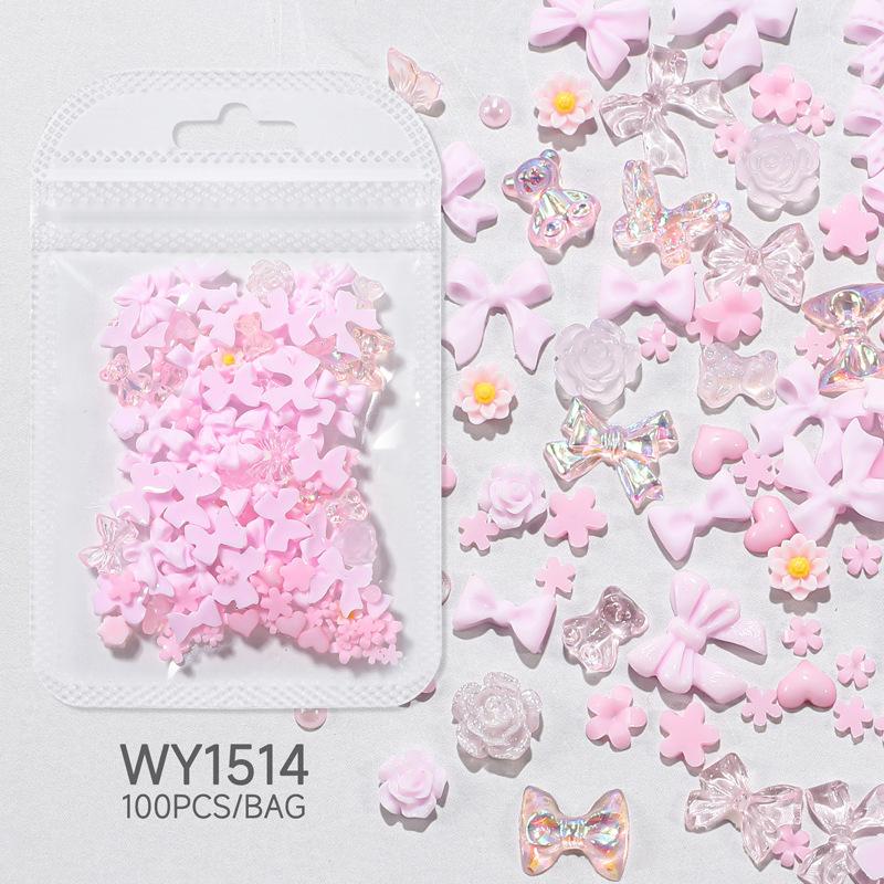 100 шт., 3D смола, розовый, фиолетовый, подвеска для ногтей, цветы, сердце, медведь, смешанное украшение для дизайна ногтей, Kawaii, розовая лента, бант, сделай сам, часть для ногтей