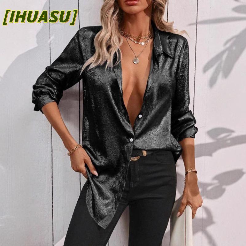 IHUASU Женская Модная Повседневная Однотонная с Принтом Блузки и Рубашки с Длинным Рукавом и Воротником-Поло Международный дизайн