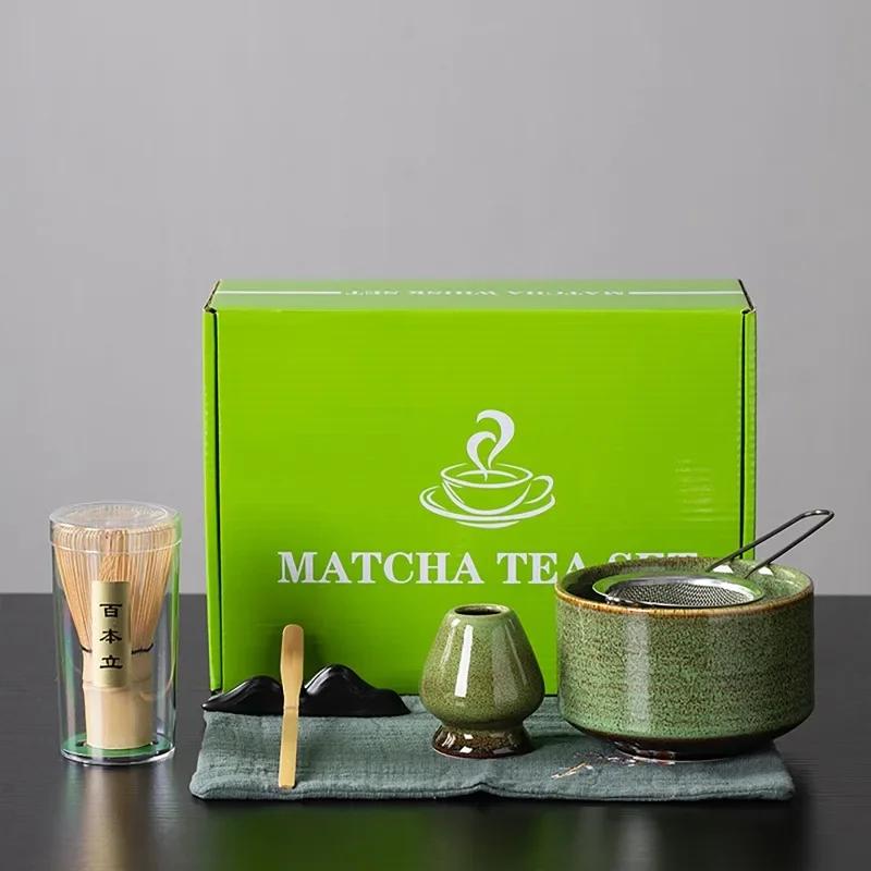 4/7 шт. Подарочный набор для чая Матча с керамической чашей, бамбуковым венчиком для взбивания матча и держателем, принадлежности для чая Матча, инструменты для самостоятельного приготовления чая