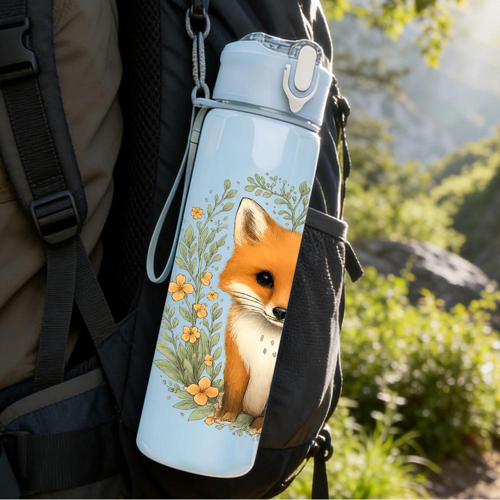 1PC Leaf Frame Fox Illustration 750ml Color Plastic Sports Water Bottle Leakproof Flip Straw Lid Suitable for Sports Office Home Use
