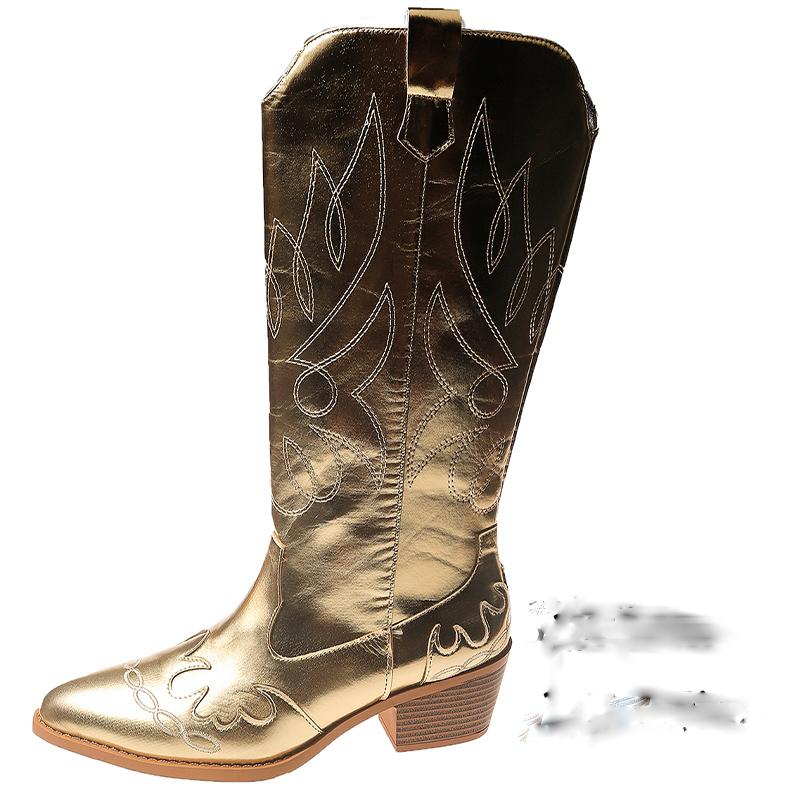 Вышитые массивные женские высокие сапоги с острым носком, дизайнерские туфли на среднем каблуке 2025 года, зимние туфли-лодочки до колена, челси, Botas De Mujer