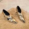 Huge Look~! 5CM Cross with Pointed Tip Hollow Pleated Single Shoes Women's Gold Retro Inner Heel Small Leather Shoes